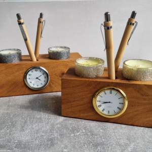 Handmade Reclaimed Oak Table Desk Quartz Clock c/w Candles Pen Holder Paperweight Desk Tidy
