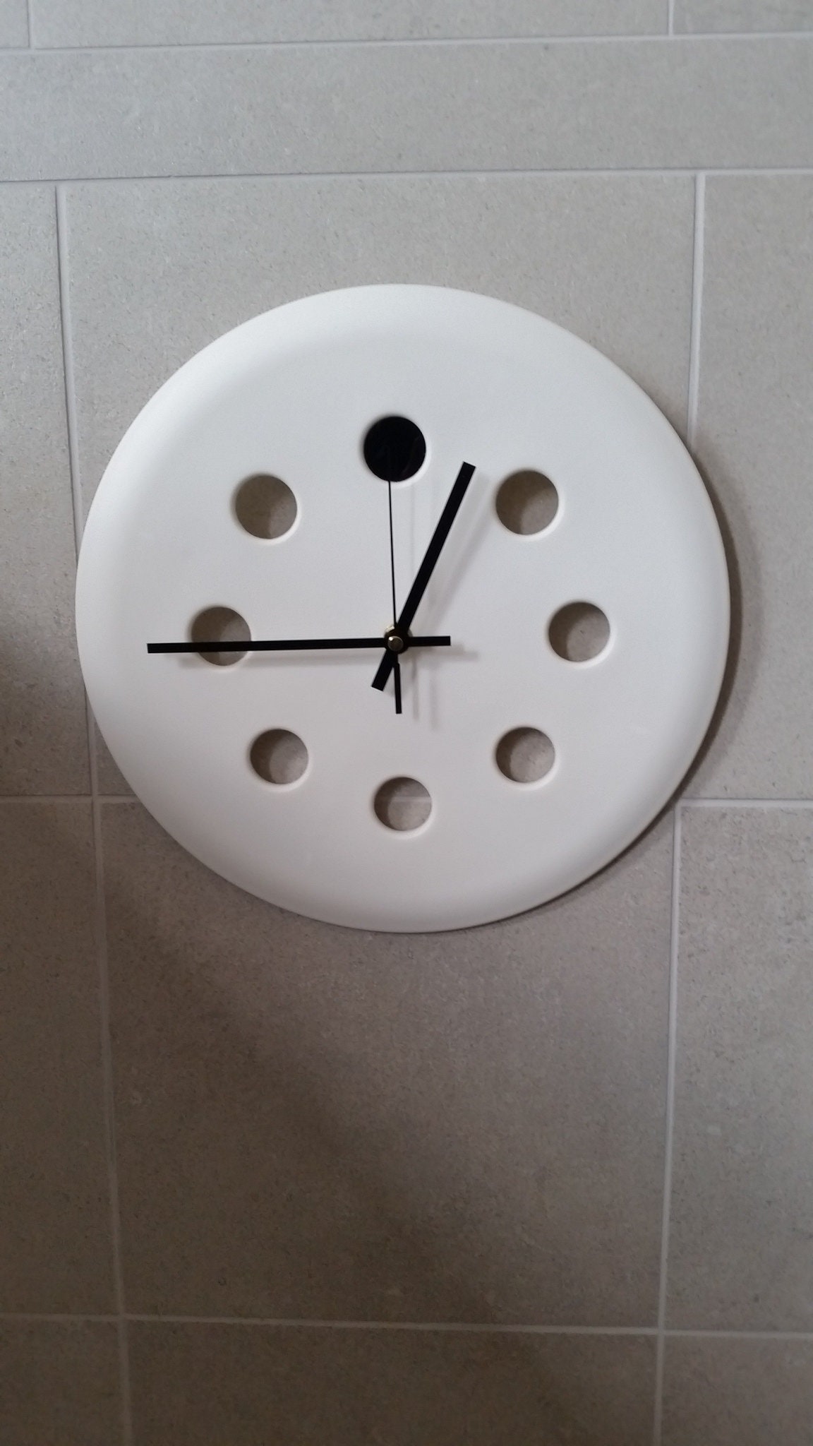 Recycled Modern Quirky White Wall Mounted Modern Clock Quartz Ikea Stool Seat Black Hands - Image 3