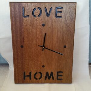 Handmade Hardwood Wall Clock: Engraved 'Love Home' Design Sapelle