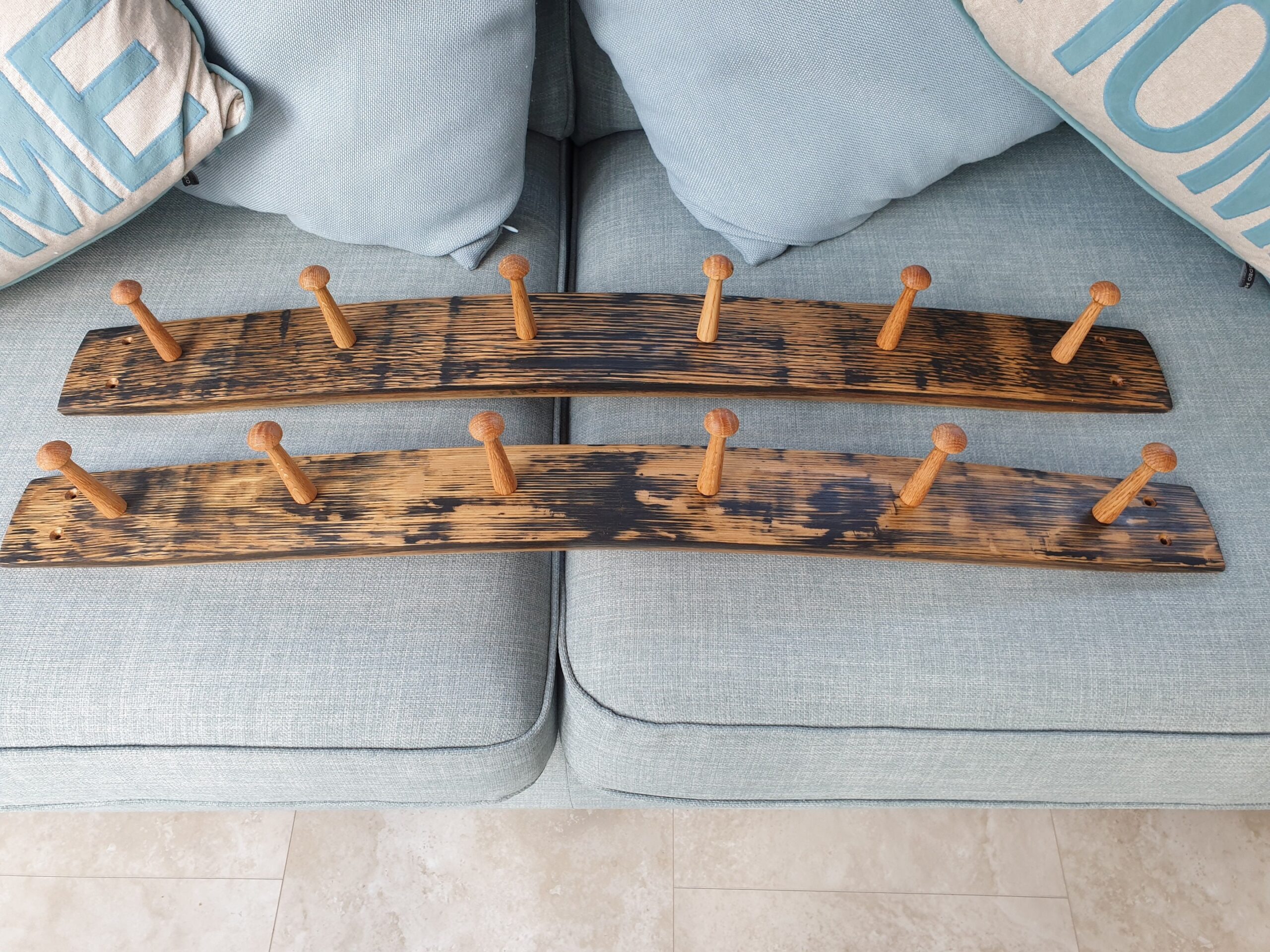 Reclaimed Oak Whisky Barrel Stave Coat Hanger Shaker Peg Rail Coat Rack - Image 2