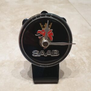 SAAB Car Bonnet Badge Emblem Desk Table Clock Black & Silver