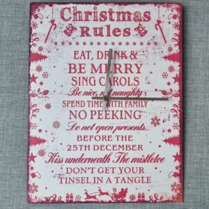 Christmas Rules Tin Sign Clock: Festive Holiday Wall Decor