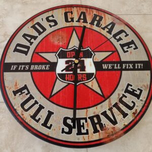 Tin Metal Dads Garage Sign Red Black Quartz Wall Clock Fathers Day Gift Retro Style Decoration
