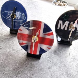 Mini Ford Union Jack Flag Table Desk Top Car Badge Clock & Stand Quartz Fathers Day Gift Owners Club